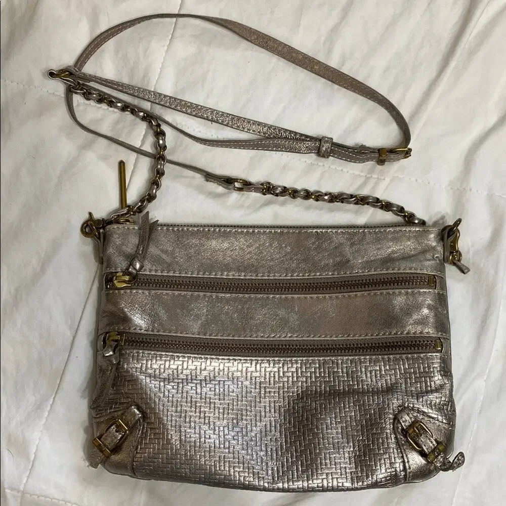 Elliott Lucca Crossbody Metallic Leather Bag Zipper 10x7x1.5 Adjustable Drop